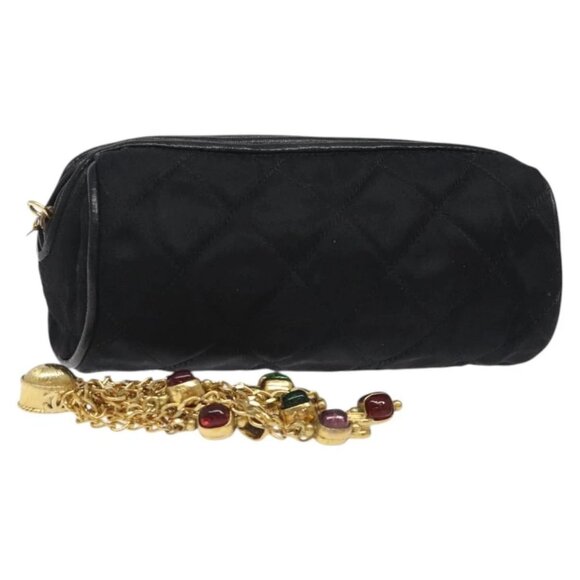 CHANEL Matelasse Fringe Pouch Satin Black Gold - Picture 1 of 16